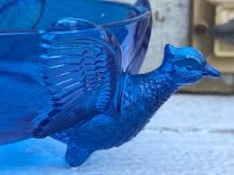 Vintage Blue Glass Bowl 3 Pheasants
