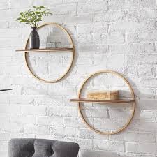 Stylewell 15 In H X 15 In W X 4 In D Wood And Gold Metal Wall Mount Round Floating Shelf Set Of 2