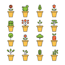Flat Icons Set Of Pot Plants Garden