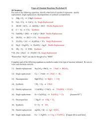 Types Of Chemical Reactions Worksheets