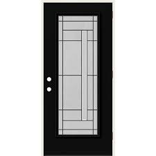 Jeld Wen 36 In X 80 In Left Hand Full View Atherton Decorative Glass Black Fiberglass Prehung Front Door Black Paint