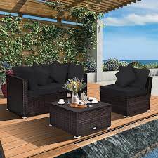 Costway 4 Piece Wicker Outdoor Sectional Set Patio Rattan Furniture Set Sofa Ottoman With Black Cushions