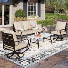 Metal 5 Seat 4 Piece Steel Outdoor Patio Conversation Set With Swivel Chairs Beige Cushions And Marble Pattern Table
