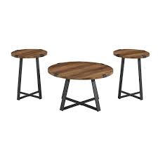 3 Piece Reclaimed Barnwood And Metal Wrap Industrial Coffee And Side Table Set