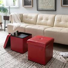 Simplify Red Faux Leather Folding Storage Ottoman Cube