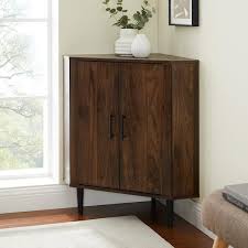Dark Walnut Wood Modern 2 Door Corner Accent Cabinet