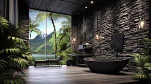 Tropical Bathroom With Stone Walls And