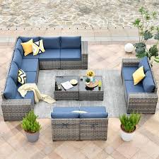 Hooowooo Tahoe Grey 12 Piece Wicker Wide Arm Outdoor Patio Conversation Sofa Seating Set With Denim Blue Cushions