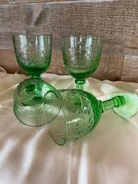Green Glass Water Wine Goblets Embossed
