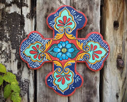 Wooden Painted Wall Cross In Talavera