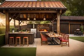 A Patio With A Wood Gazebo And A Grill