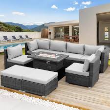 Modern 9 Piece Wicker Ratten Outdoor Conversation Sofa Furniture Set With Fire Pit Table Mist Cushions And Ottamans
