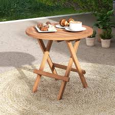 Round Patio Folding Coffee Table Teak