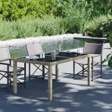 Garden Table Tempered Glass Poly Rattan