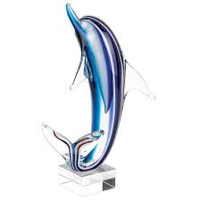 Blue Dolphin On Clear Base Art Glass