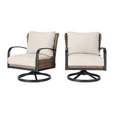 Home Decorators Collection Hazelhurst Brown Wicker Outdoor Patio Swivel Lounge Chair With Cushionguard Almond Tan Cushions 2 Pack