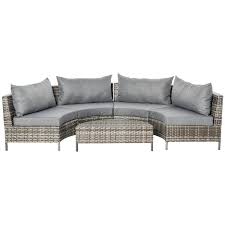 Outsunny 5pc Outdoor Patio Furniture Set Garden Sectional Rattan Wicker Sofa Set Cushioned Half Moon Seat Deck W Pillow Grey