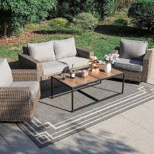 Phi Villa Brown Rattan Wicker 4 Seat 5 Piece Steel Outdoor Patio Conversation Set With Grey Cushions And 2 Swivel Rocking Chairs