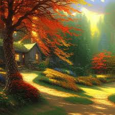 Autumn Leaves Forest Cottage Realistic