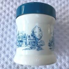 Vintage White Milk Glass Jar Blue Lid