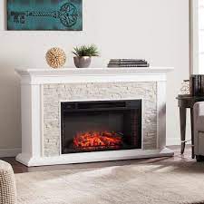 Ithaca 60 25 In W Faux Stacked Stone Electric Fireplace In White