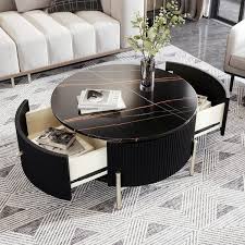 Merax Modern Round Coffee Table With 2 Large Drawers Black