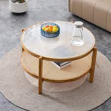 31 5 In Natural Round Solid Wood Coffee Table With Glass Desktop And Rattan Woven Layer