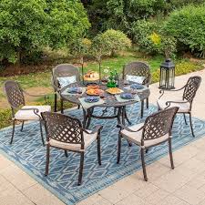 Phi Villa Brown 7 Piece Cast Aluminum Patio Outdoor Dining Set With Round Table And Arm Chairs With Beige Cushion