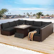 Large Size 9 Piece Espresso Wicker Patio Conversation Deep Seating Sectional Sofa Set With Fire Pit And Grey Cushions
