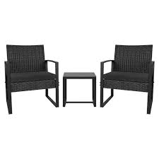 Tozey Black 3 Piece Patio Sets Steel Outdoor Wicker Patio Furniture Sets Outdoor Bistro Set With Black Cushion