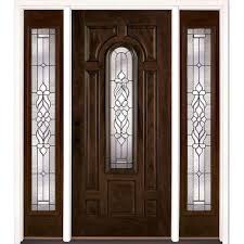 Feather River Doors 67 5 In X 81 625 In Lakewood Patina Stained Chestnut Mahogany Right Hand Fiberglass Prehung Front Door With Sidelites Mahogany
