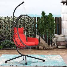 Outdoor Indoor Egg Chair With Stand And Red Cushion Pe Wicker Patio Chair Swing Chair Lounge Hanging Basket Chair