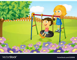 Kids Playing Swing In Garden Royalty