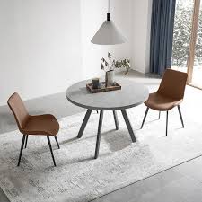 3 Piece Gray Round Dining Table Set Mdf Dining Table With 2 Brown Dining Chairs