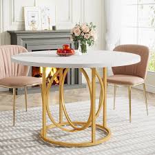 Tribesigns Way To Origin Modern White Gold Wood 47 In Pedestal Dining Table Round Kitchen Table Seats 4 To 6