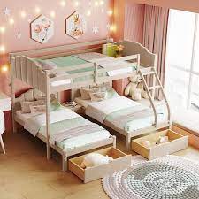 Harper Bright Designs Beige Full Over Twin And Twin Velvet Bunk Bed With 3 Drawers