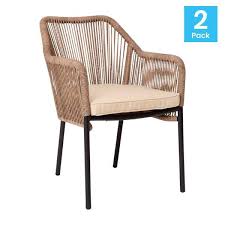 Flash Furniture Kallie Set Of 2 All Weather Natural Woven Stacking Club Chairs With Rounded Arms Ivory Zippered Seat Cushions