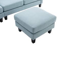 108 In W Fabric Seat 2 Arms 4 Piece L Shaped Sectional Sofa In Light Blue With Removable Ottoman And Wood Legs