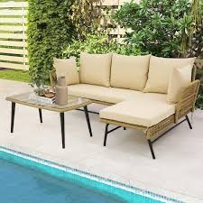 3 Pieces L Shaped Patio Sofa With Cushions And Tempered Glass Table Beige Costway