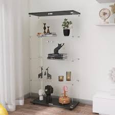 Black Glass Display Cabinet With 4 Shelves With Door For Living Room Office