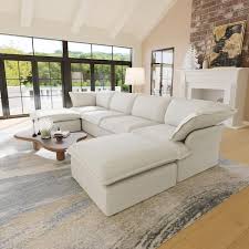 163 In Flared Arm 6 Piece Linen Modular Sectional Sofa In White