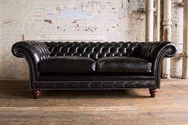 3 Seater Black Leather Chesterfield