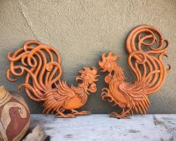 Mid Century Metal Rooster Wall Plaques