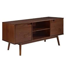 Welwick Designs 58 In W Walnut Solid Wood Tv Stand With Cutout Cabinet Handles Max Tv Size 65 In