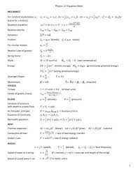1 Physics 117 Equation Sheet Mechanics