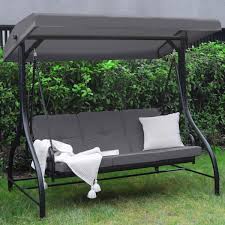 Veikous 3 Seat Converting Canopy Patio Swing Steel Lounge Chair With Cushions In Dark Grey