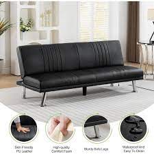 Sofa Bed Modern Faux Leather Convertible Folding Lounge Couch For Living Room With Usb Ports Dark Black