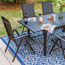 Phi Villa 7 Piece Black Metal Patio Outdoor Dining Set With Extendable Table And Black Folding Reclining Sling Chairs