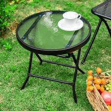 Outdoor Side Tables Foldable Patio Side Table With Tempered Glass Table Top And Thickened Iron Pipe Bracket