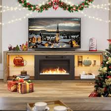 Bestier Electric Fireplace Tv Stand For 75inch Tv Farmhouse Entertainment Center With Led Light For Living Room In Wash Grey